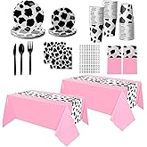 Oudain 222 Pcs Cow Dinnerware Set for 20 Guest Cow Tablecloth Plates and Napkins Cowgirl Party Decorations Cowboy Table Runner Plastic Black White Party Supplies(Black, White, Pink,Classic)