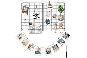 FUNLAX Wire Photo Wall, Set of 2 Wire Wall Grid Panels, Grid Decor Photo Display 15.7 × 11.8 Inches Wall Storage Organizer Hanging Picture with Sticky Hook, Iron Clip, Bamboo Clip, Hemp Cord