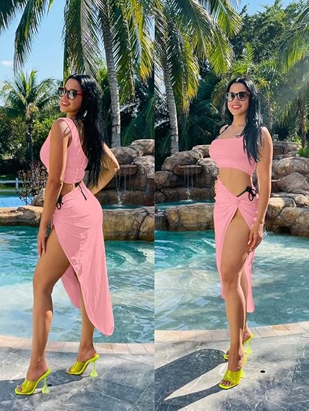 BEAGIMEG WOMEN’S SEXY ONE SHOULDER LONG BODYCON SLIT SKIRT 2 PIECES DRESS PINK