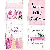 Sratte 4 Pcs Pink Christmas Kitchen Towels 16 x 24 Inch Merry Christmas Hand Towels Tree Gnome Truck Dish Cloths Absorbent Xmas Tea Dishcloths for Home Bathroom Xmas Kitchen Decor