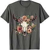 Boho Cow Bull Skull Flowers Wild west Western Cowgirl Texans T-Shirt