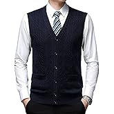 Leyoutx Men's Classic V Neck Wool Blend Sweater Vest Sleeveless Button Front Knit Cardigan Vest with Pocket