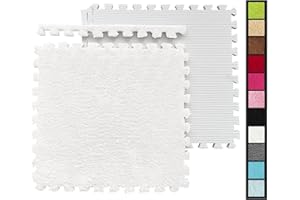 HUIDUO 12 Pcs Shaggy Interlocking Foam Carpet Tiles - 12" x 12", 12 Sq,Ft Kids Carpet Squares Protective Floor Mats Crawling Exercise Area Rugs for Children Room, Home or Classroom Use, White