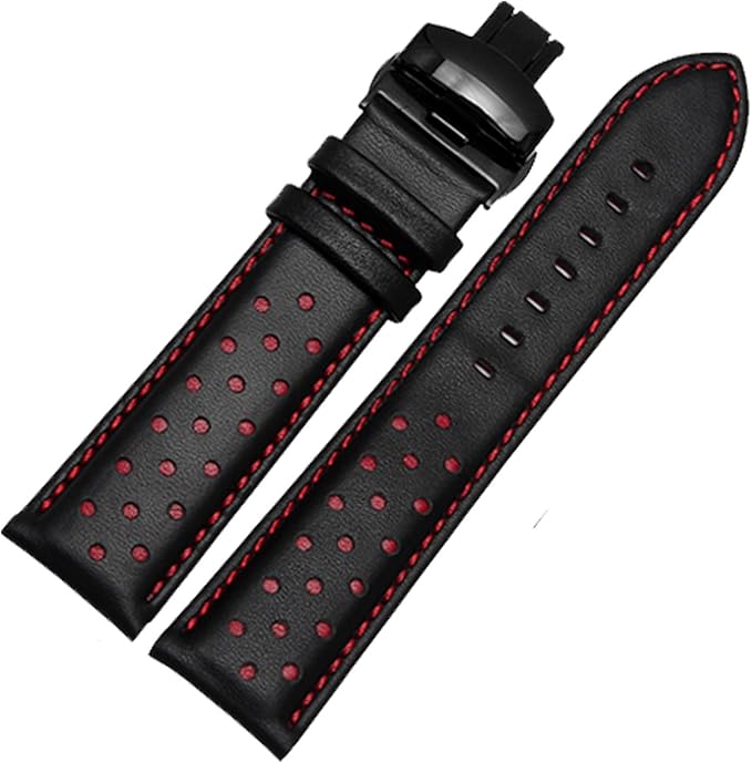 New Perforation 20mm 22mm Black Red Leather Racing Watch Strap Black Deployment Clasp (20mm