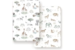 GRSSDER Stretchy Ultra Soft Jersey Knit Fitted Pack n Play Sheets Set 2 Pack, Portable/Mini Crib Sheets for Boys and Girls, Stylish Playard Sheets Fitted Safe and Snug, African Savannah Animals Pattern