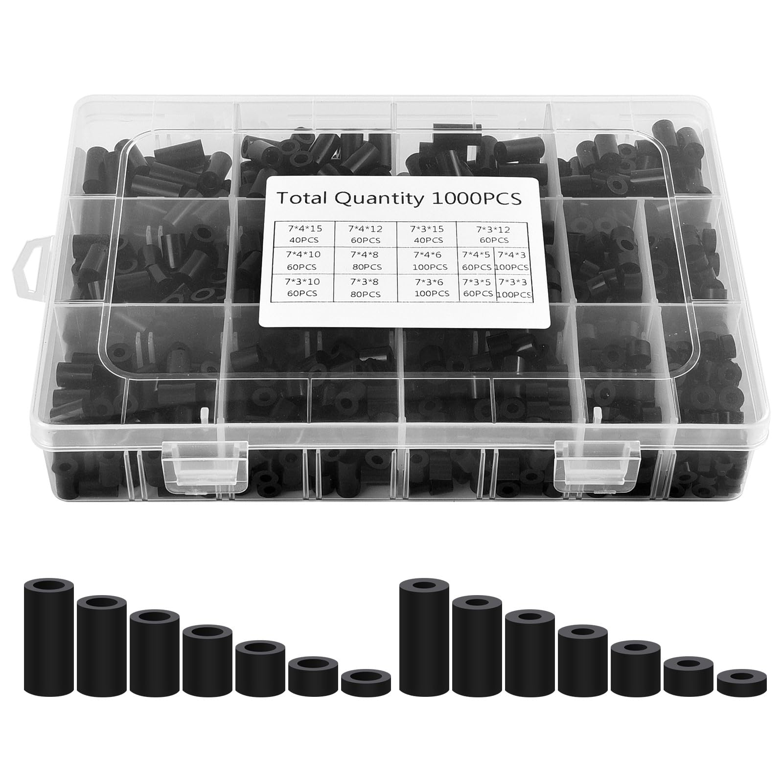 1000pcs ABS Round Spacer Washer Assortment Kit, M3 M4 Nylon Non-Threaded Column Standoff Support, Insulation Column Standoff Spacer, Plastic Spacers with Storage Box, 14 Sizes