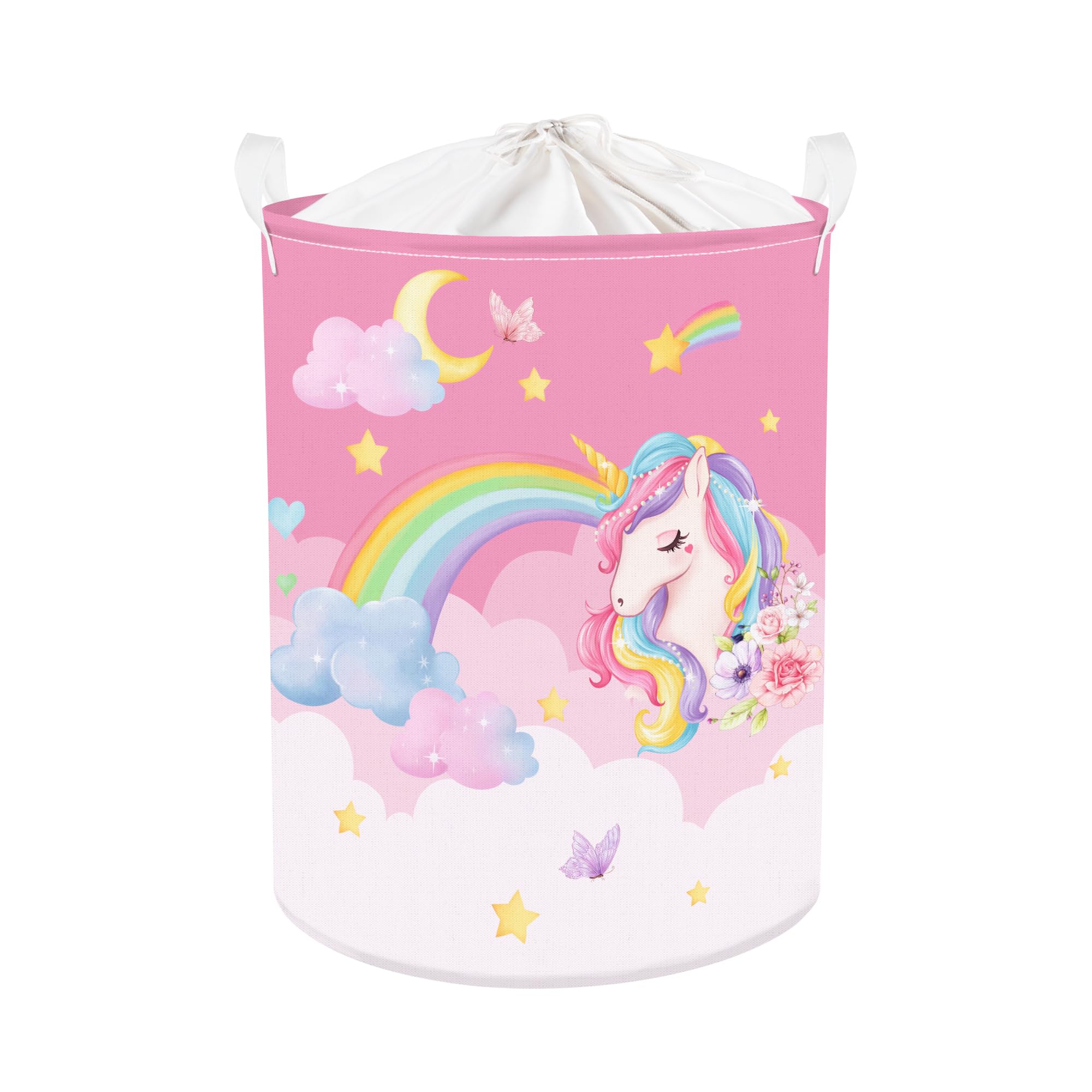 Clastyle Pink Unicorn Baby Laundry Hamper Collapsible Clothes Kids Storage Basket Waterproof Girls Toy Box for Nursery Room, Moon, 40x50 cm