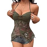 Milumia Women's Boho V Neck Halter Top Tie Backless Asymmetrical Hem Mesh Cami Crop Top Going Out