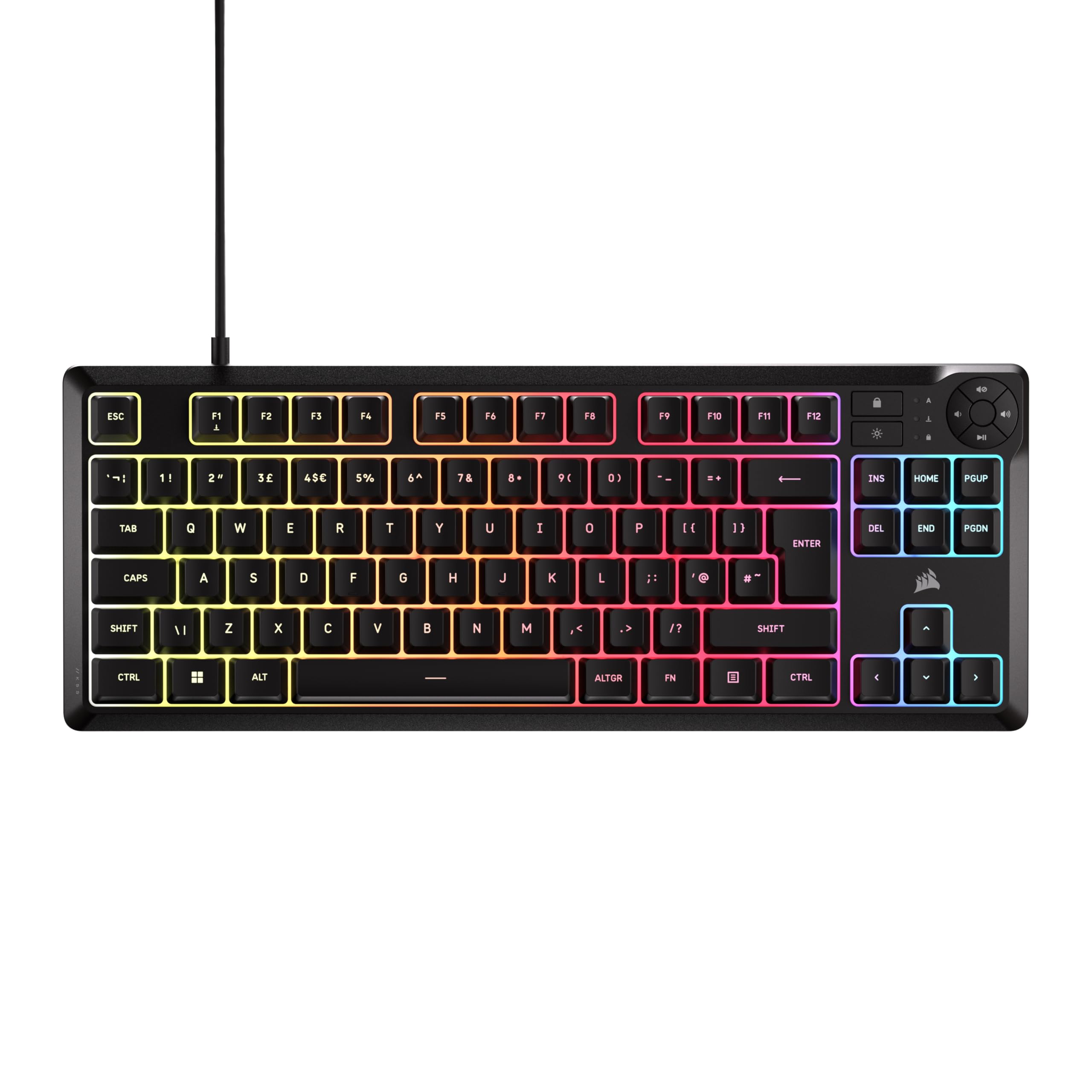 Corsair K55 CORE TKL RGB Gaming Keyboard – Tenkeyless, 8-Zone RGB, Quiet Membrane Keys, Spill Resistant, Media Keys, 1000Hz Polling – UK Layout – Black