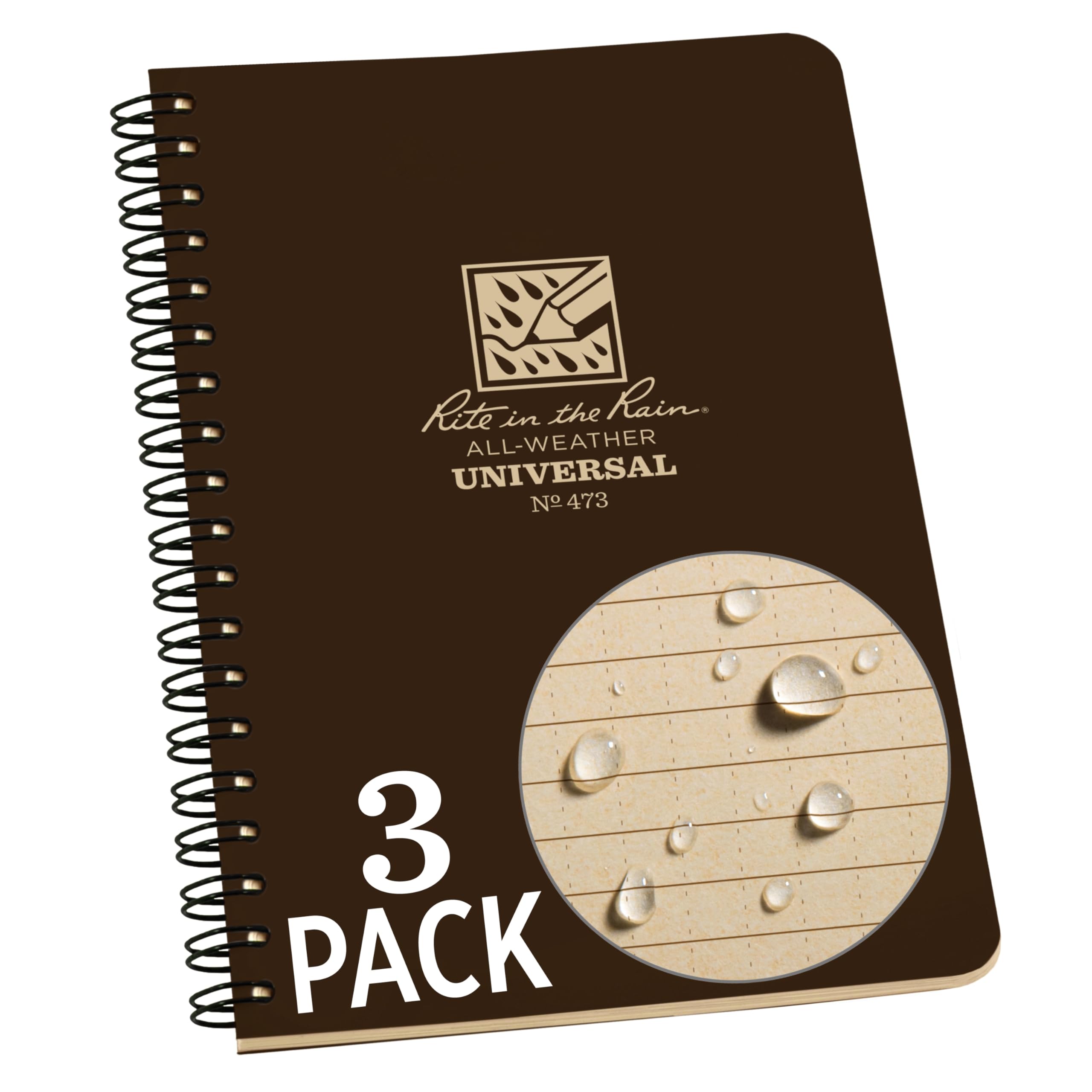 Rite in the Rain Weatherproof Side Spiral Notebook, 4.625" x 7", Brown Cover, Universal Pattern, 3 Pack (No. 473L3)