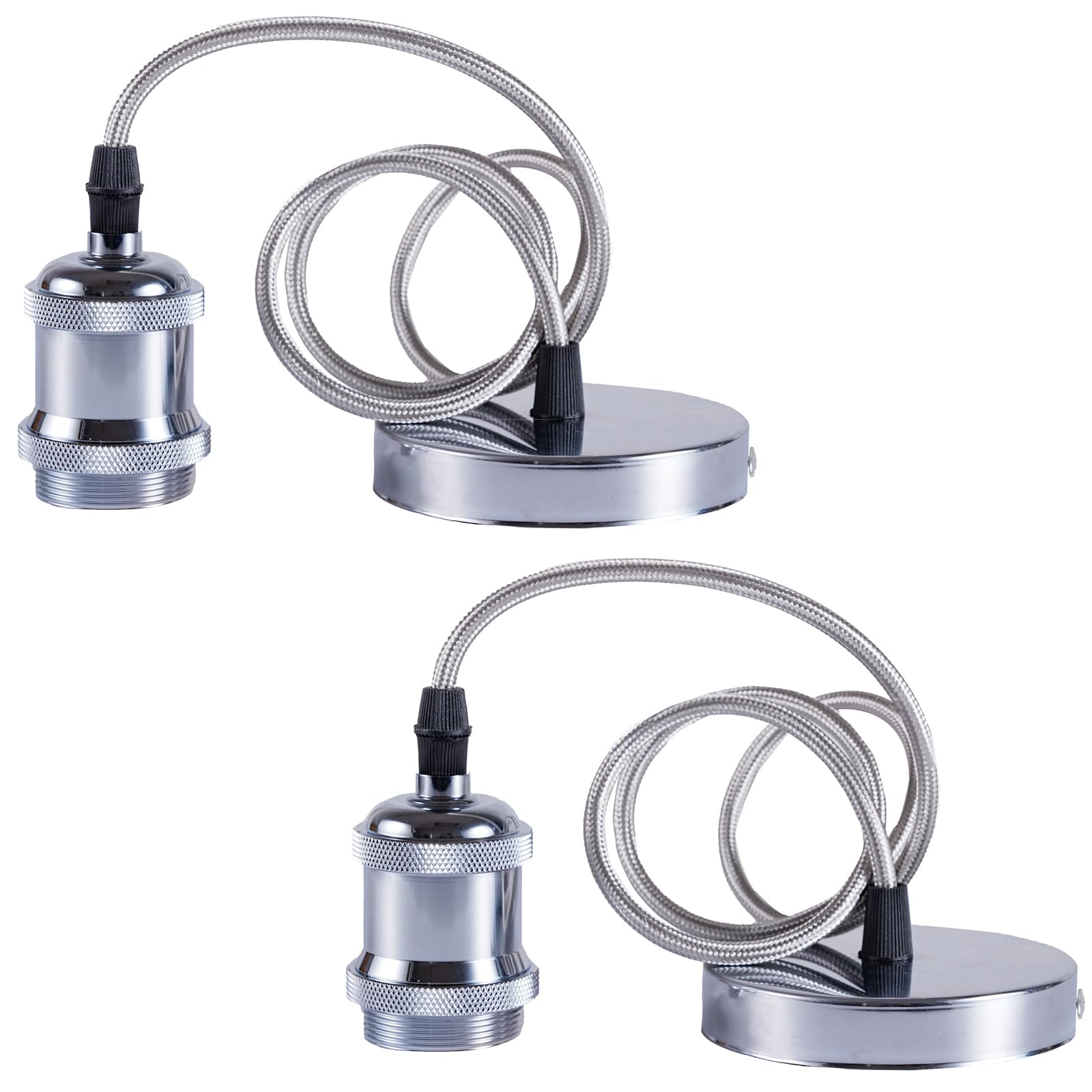 Sevenpers E27 Pendant Light Fitting, 2 Pack Chrome Vintage Style Ceiling Rose Light Fitting Lamp Holder Kit with Ground Wire and 90cm Braided Cable