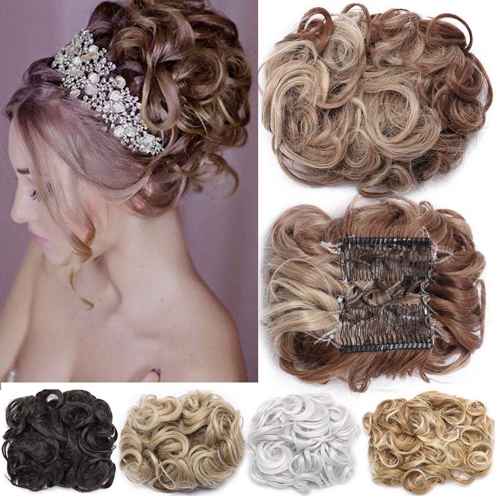 Short Messy Curly Dish Hair Bun Extension Easy Stretch hair Combs Clip in Ponytail Extension Scrunchie Chignon Tray Ponytail Hairpieces Light Brown mix Bleach Blonde