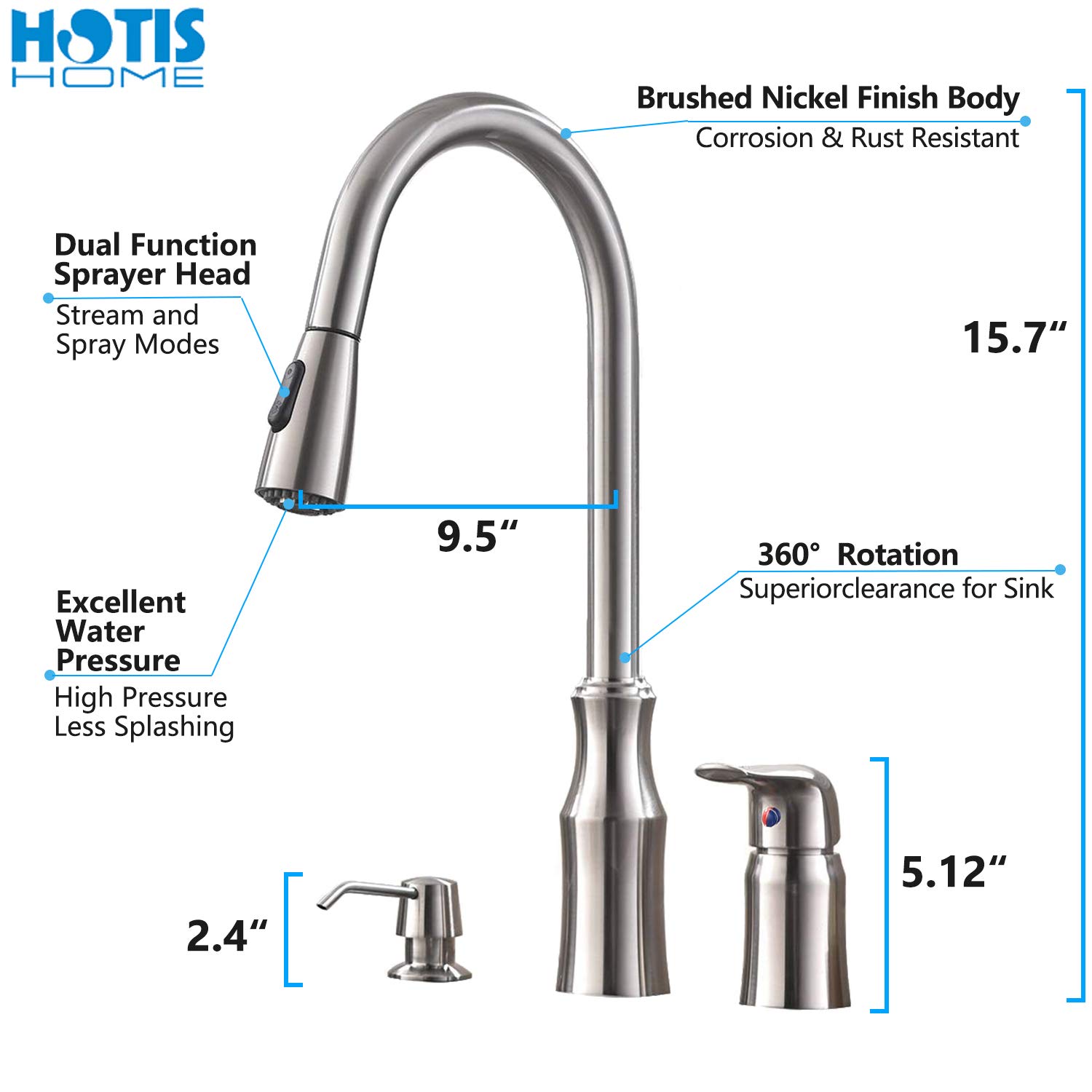 Hotis 3 Hole Kitchen Sink Faucet with Pull Down Sprayer Soap Dispenser
