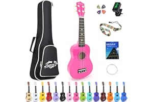 Amdini 21 Inch Ukulele for Beginners Basswood Soprano Ukelele Kit for Kids Adult Student Starter Mini Guitar Ukalelee Pack Bundle with Book Gig Bag Tuner Strap Picks Nylon Strings (Rose)