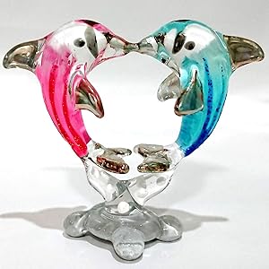 Sansukjai Rare Heart Dolphins Figurines Hand Painted Pastel Blown Glass Art W' 22k Gold Trim Animals Collectible Gift Home Decor