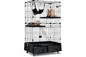 DOPINMIN 52 Inch Cat Cage Large Metal Wire Crate Cat Kennel Playpen with Litter Box & 2 Front Door & Ramp Ladders & 2 Resting Platforms Beds Tray Cage for Indoor