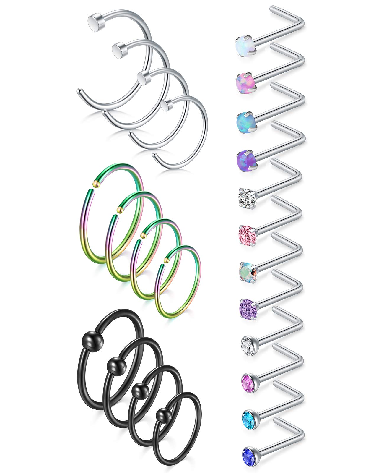 AceFun 20G Nose Rings Hoop Set - Surgical Steel Nose Studs & Screws - L Shaped Nose Hoop Rings 6/8/10/12mm - 24PCS CZ Opal Nose Piercing Jewelry for Women & Men