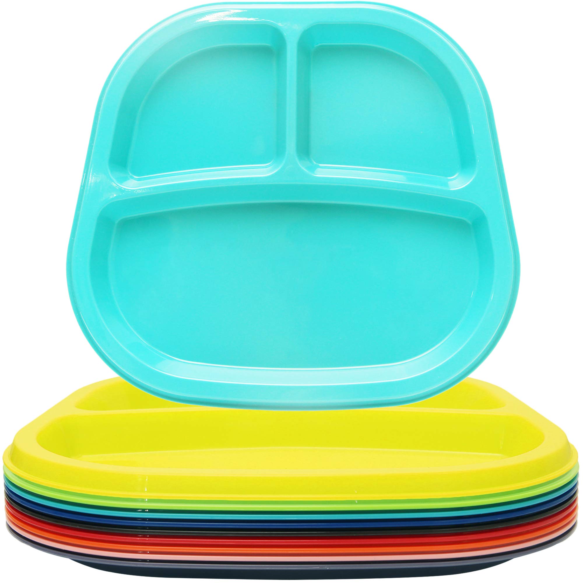 Youngever 3-Compartment Divided Re-usable Plastic Kids Tray, 3 Compartment Plates, Set of 9 (9 Rainbow Colors)