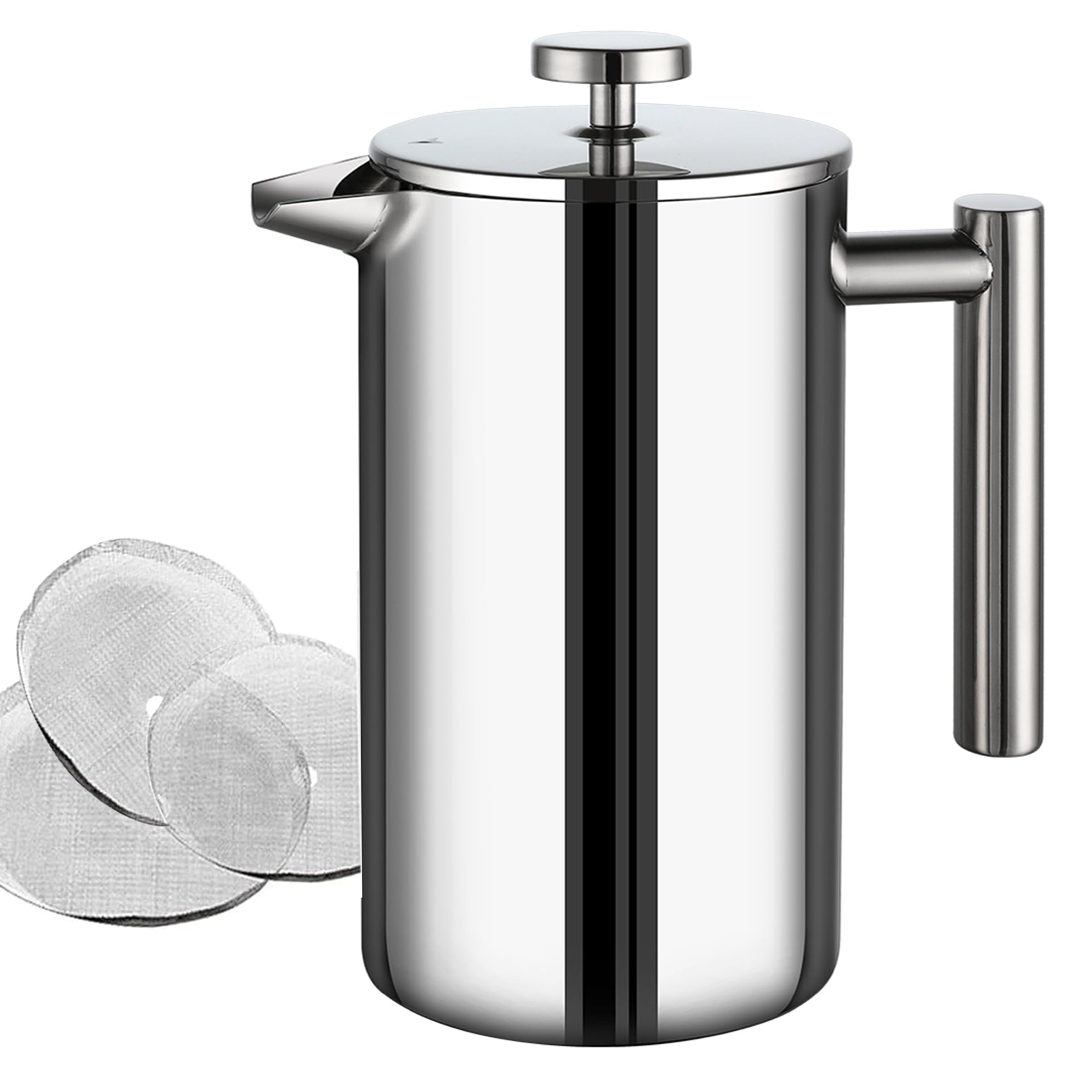 Wrobic Cafetiere French Press Coffee Maker, 1500ml/50oz large insulated cafetiere, Double-Wall Insulated Stainless Steel, 3 Level Filtration System, French Press for Home, Camping and Office, Silver