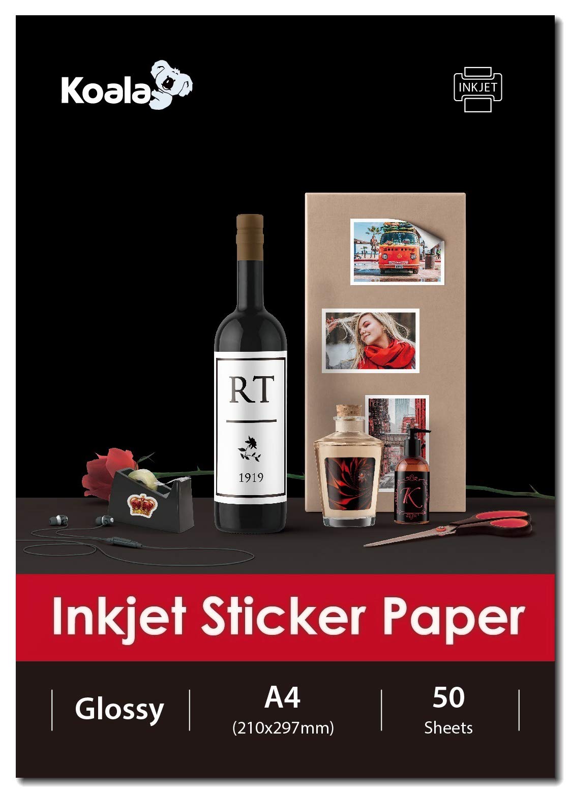 KOALA Inkjet Self Adhesive/Sticky Back White Glossy Photo Paper, Label Printing Paper, A4, 50 Sheets