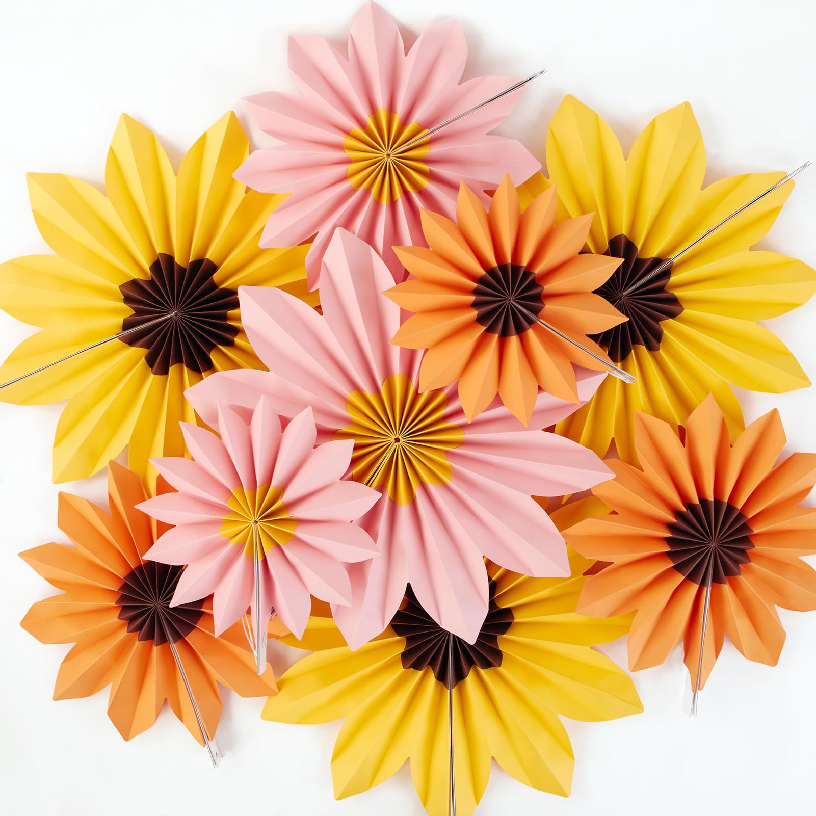 Photo 1 of Homarkable 9 PCS Paper Flowers Decorations, Yellow, Pink and Orange Birthday Decorations, Sunflower Folding Paper Fans, Classroom Decoration Floral Backdrop Decor
