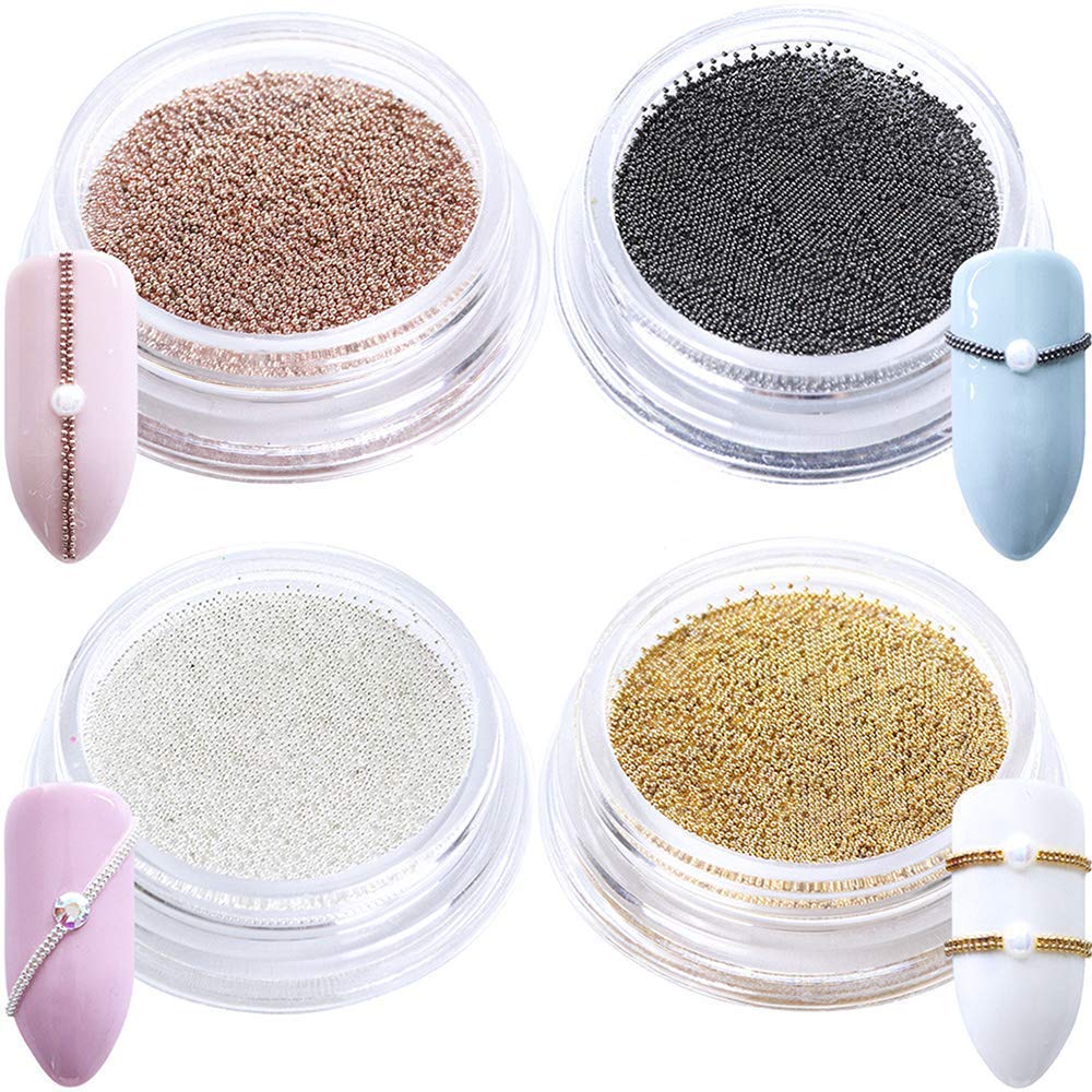 Nail Decorations for Gel Nails, 4 Boxes Nail Art Gold Silver Black Rosegold Metal Mini Caviar Beads Pearls