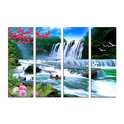 eCraftIndia 4 Panel Waterfall Scenic View Premium Canvas Painting (100 cm x 1 cm x 61 cm, Set of 4)