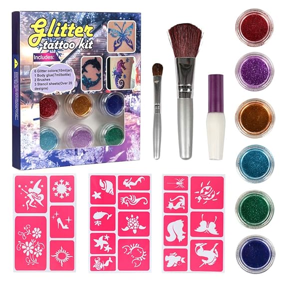 LeCou Glitzer Tattoo Set mit 20 Schablonen Designs für Mädchen Geschenk Kinder 6 Glitzer Farben, 1 Klebstoff, 2 Pinsel für Kö