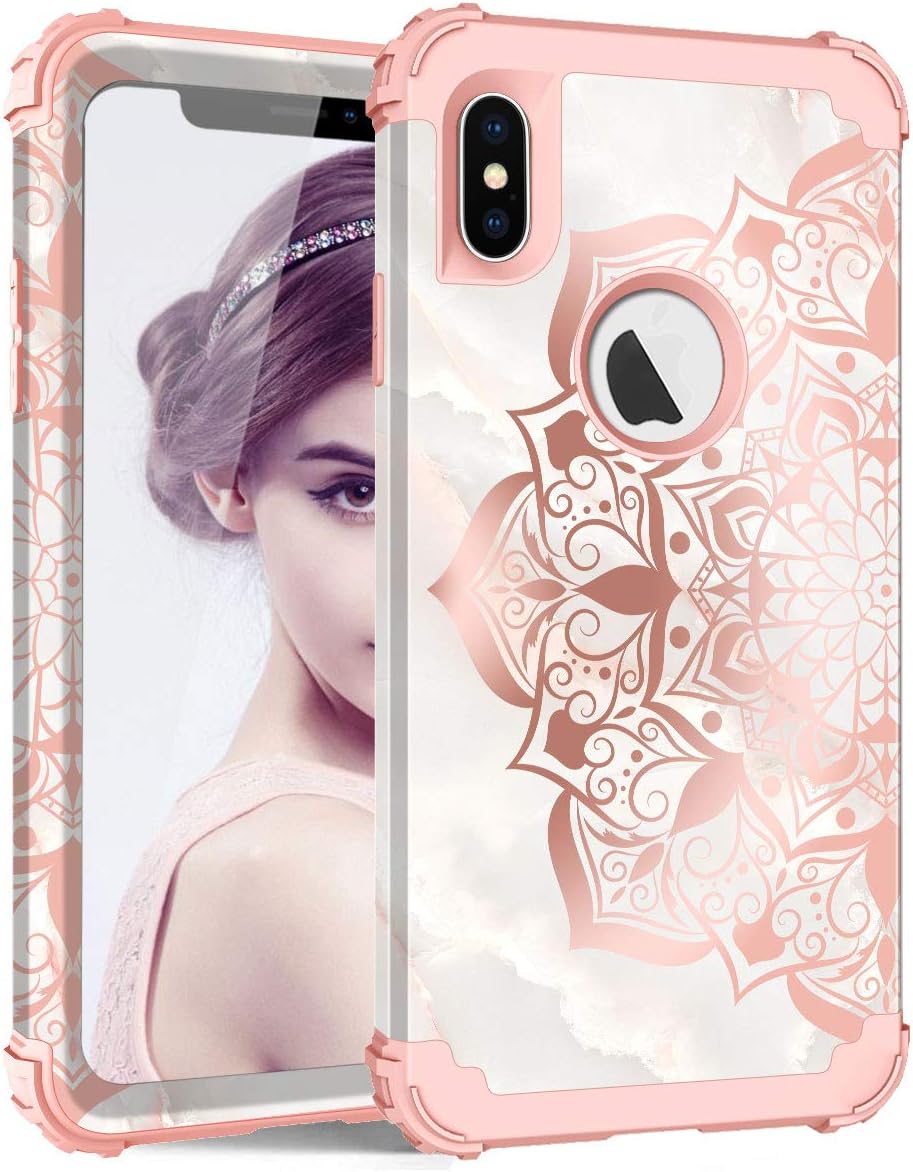 ZHK iPhone Xs Max Case for Women, Floral 3 Layer Heavy Duty Shockproof Full Protective Case Girls Stylish Flowers Bumper Anti-Slip Cover for Apple iPhone 6.5-inch (2018) – Rose Gold Mandala