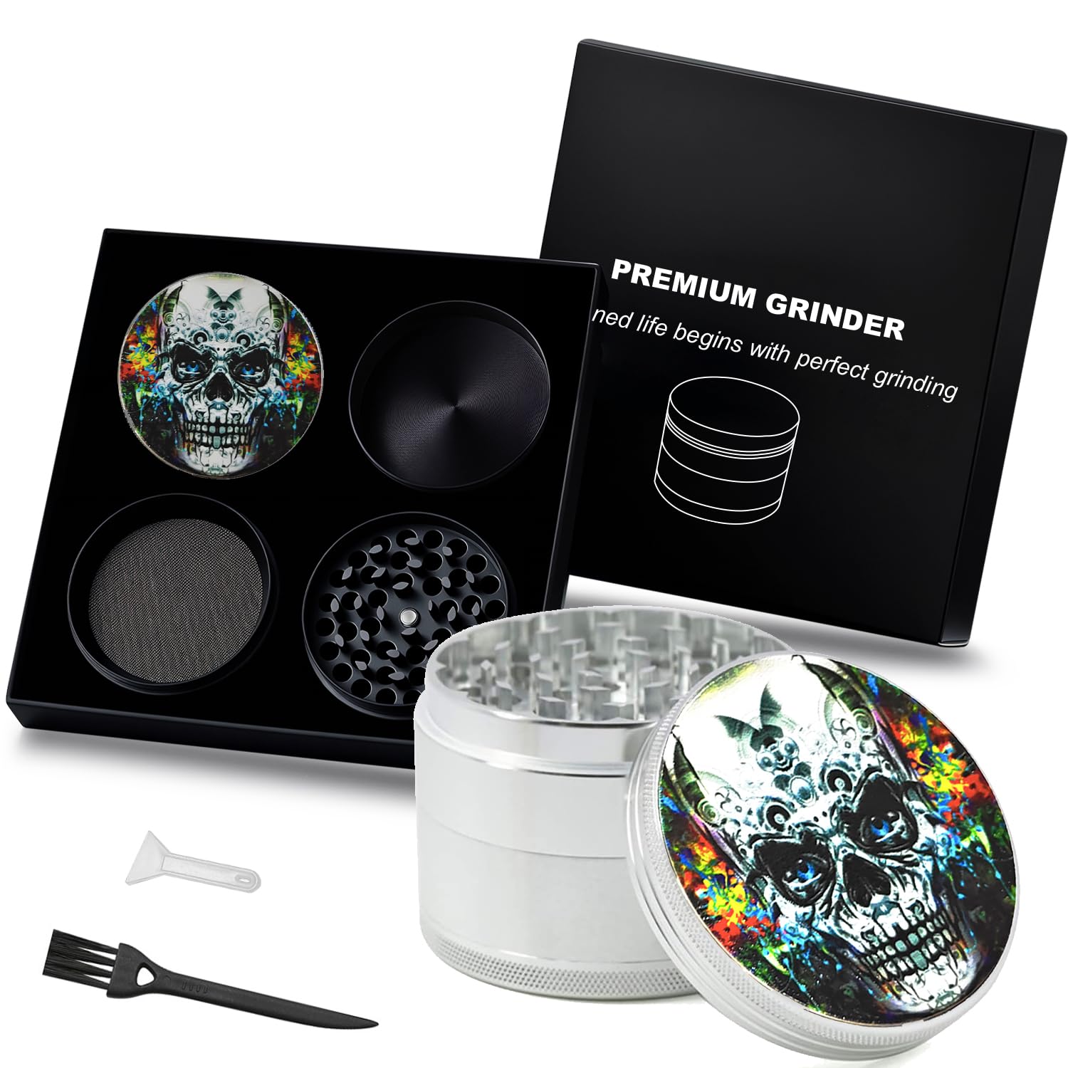 Spespo Herb Grinder, Spice Grinder 50mm(2.0 inch),4 Layers Skull Painting Metal Grinder with Pollen Scraper (Silver Color)