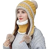 HUAMULAN Women Winter Beanie Hat Circle Scarf Set Pompoms Ski Snow Ear Flaps Sherpa Knit Hats Neck Warmer Set