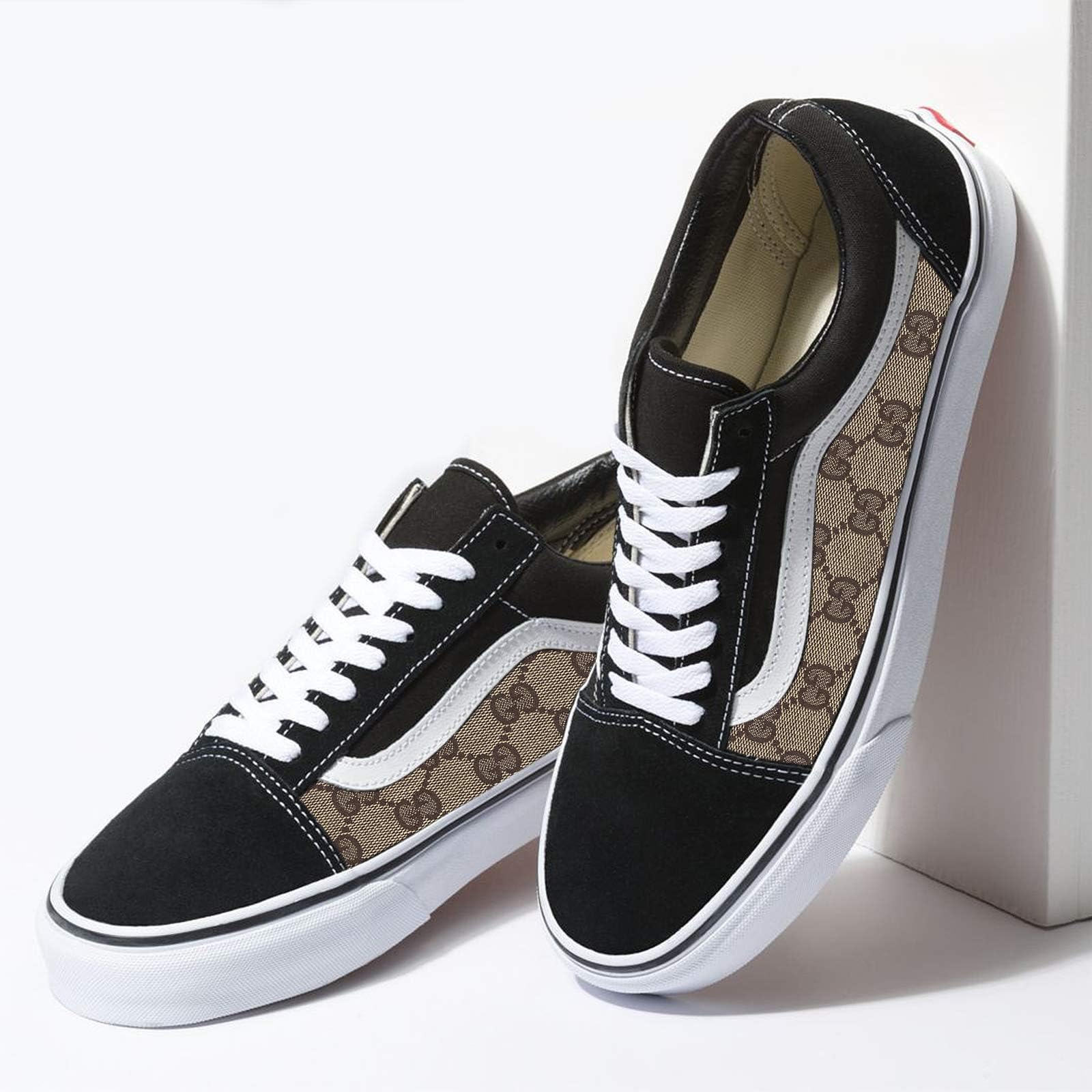 Vans Black Old Skool x GG Print Pattern Custom Handmade Shoes By Fans Identity