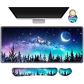 AIMSA Large Gaming Mouse Pad Set, Keyboard Wrist Rest Support + Extended Mouse Pad + Mouse Wrist Cushion + Coaster, Ergonomic Memory Foam Multifunctional Desk Mat 35x15.7inch (Forest Moon Sky)