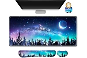 AIMSA Large Gaming Mouse Pad Set, Keyboard Wrist Rest Support + Extended Mouse Pad + Mouse Wrist Cushion + Coaster, Ergonomic Memory Foam Multifunctional Desk Mat 35x15.7inch (Forest Moon Sky)