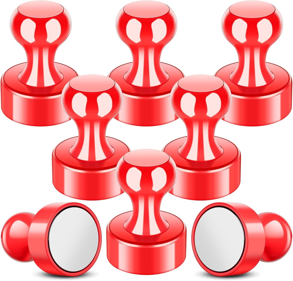 FINDMAG Strong Fridge Magnets 8 Pack Push Pins Whiteboard Clips Red