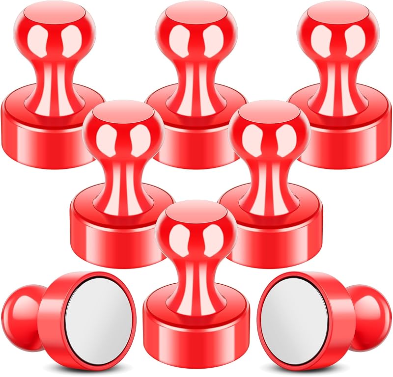 FINDMAG Strong Fridge Magnets 8 Pack Push Pins Whiteboard Clips Red