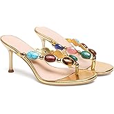 Oakmoo Women's Jeweled Thong Strappy Sandal Summer Mules Kitten Heels Flip Flop Round Open Toe Mid Heels Fashion Wedding Party Dress Thong Casual Shoes