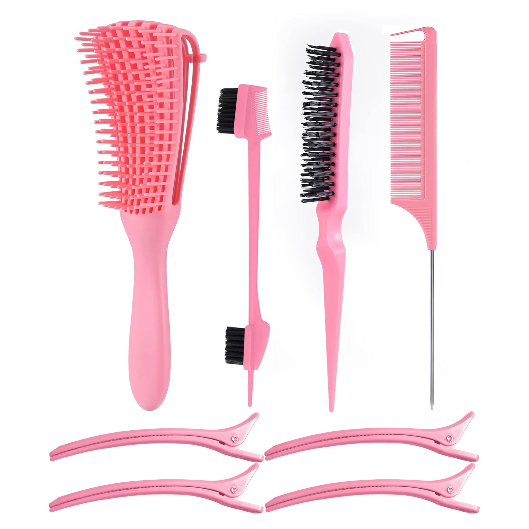 Daletu 4 Piece Hair Comb Set, Detangling Brush, Professional Hairdressing Combs, Detangling Tail Comb with Tip, Double Edge Brush Pink