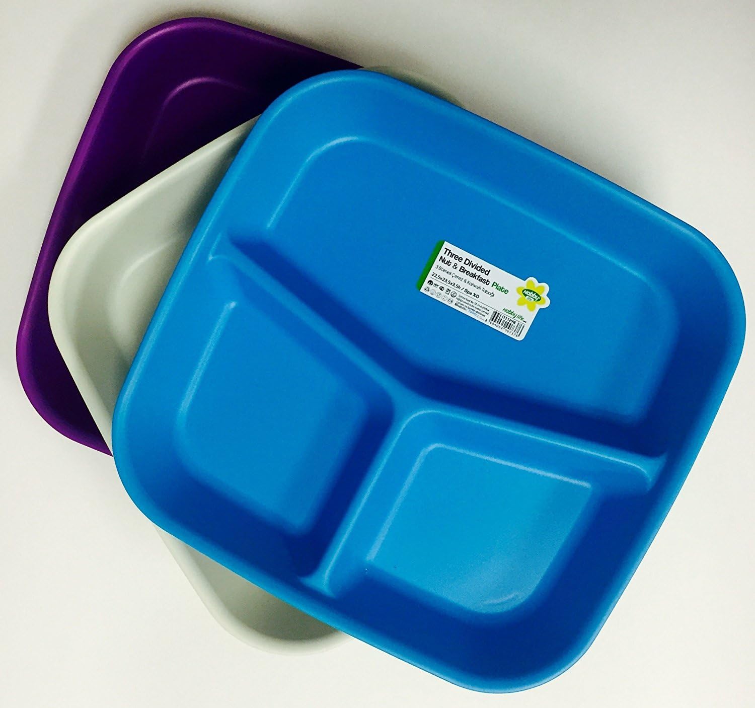 Divided Square Plate - 3 Pack (Purple, Blue and White Color) (Free Same Day Shipping for Orders Before 4 PM CT Monday-Friday, 1-3days delivery)