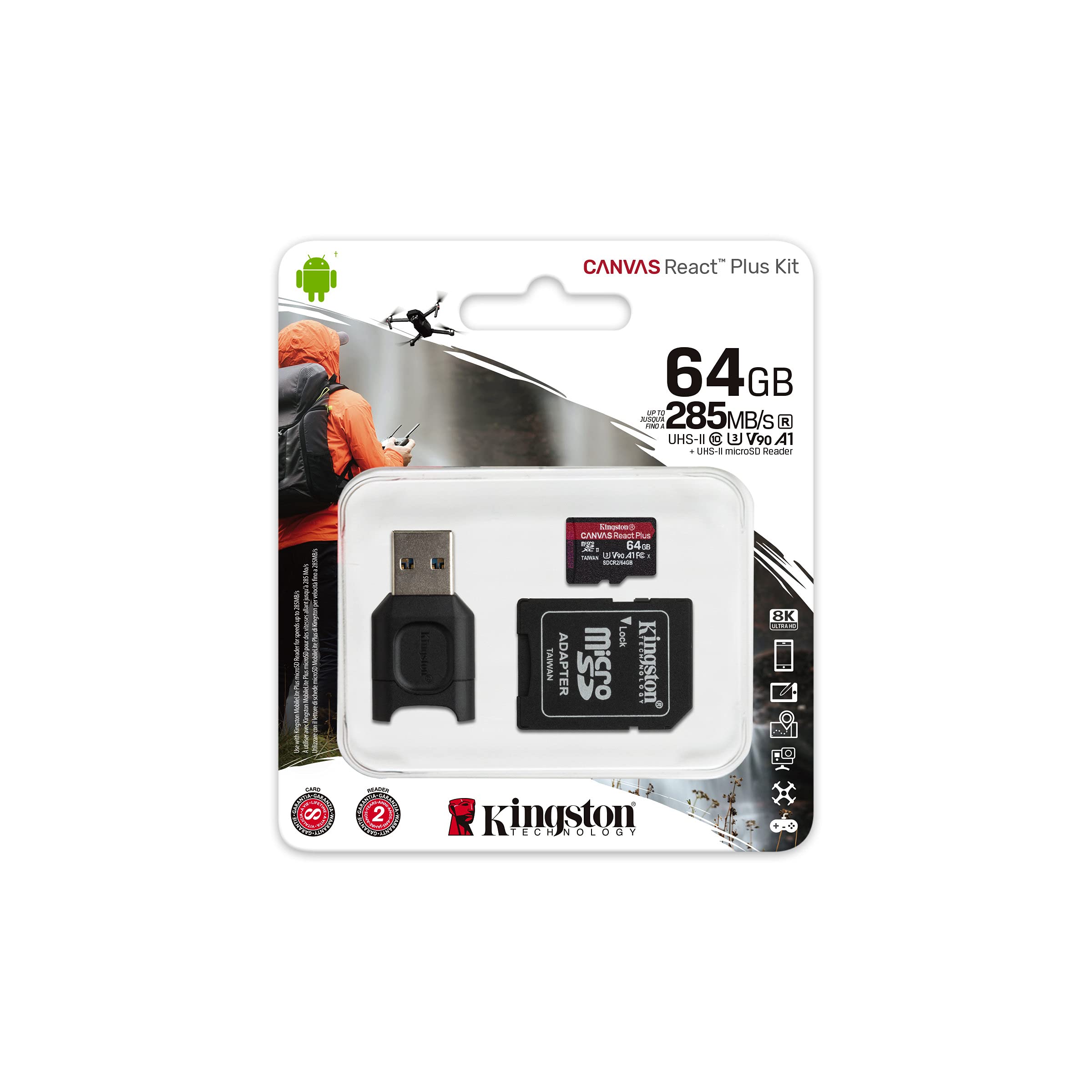 Kingston MLPMR2/64GB microSD Card (64 GB microSDXC React Plus SDCR2 with Adapter + MLPM Reader)