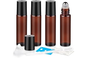 ZEJIA 10ml Roller Bottles for Essential Oils, 4 Pack Glass Roll on Bottles, Refillable Perfume Bottle, with Stainless Steel Roller Balls, 2 Droppers, 1 Opener, Labels (Amber)