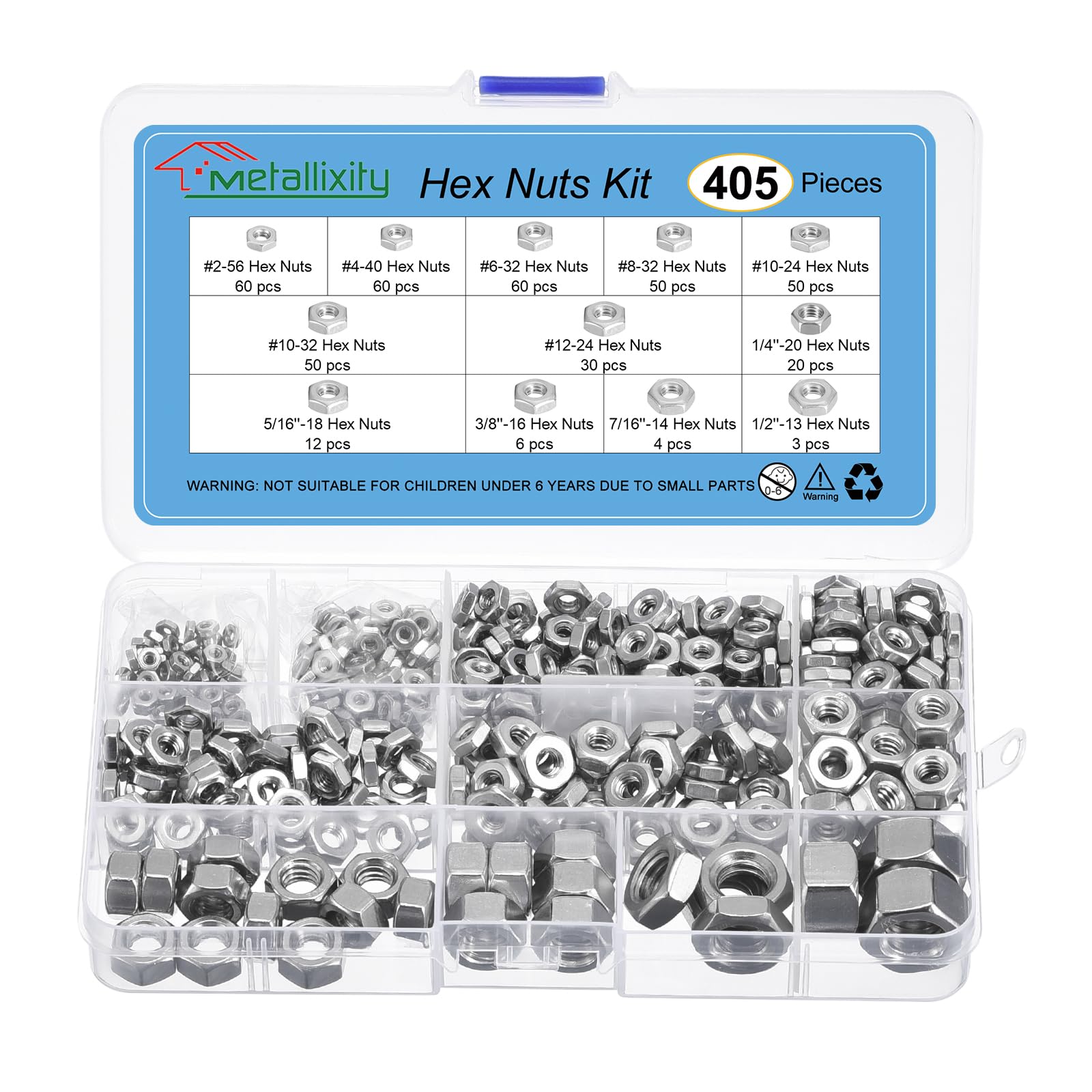 METALLIXITY Hex Nuts Assortment Kit (#2-56#4-40#6-32#8-32#10-24#10-32#12-24 1/4"-20 5/16"-18 3/8"-16 7/16"-14 1/2"-13) 405Pcs, 304 Stainless Steel Hexagon Nut Hardware