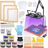 Caydo 54 PCS All-In-One Screen Printing Kit with 100W LED UV Exposure Light, 3 Sizes Wood Screen Printing Frames, 6 Colors Screen Printing Ink, Screen Printing Photo Emulsion, Screen Printing Squeegee