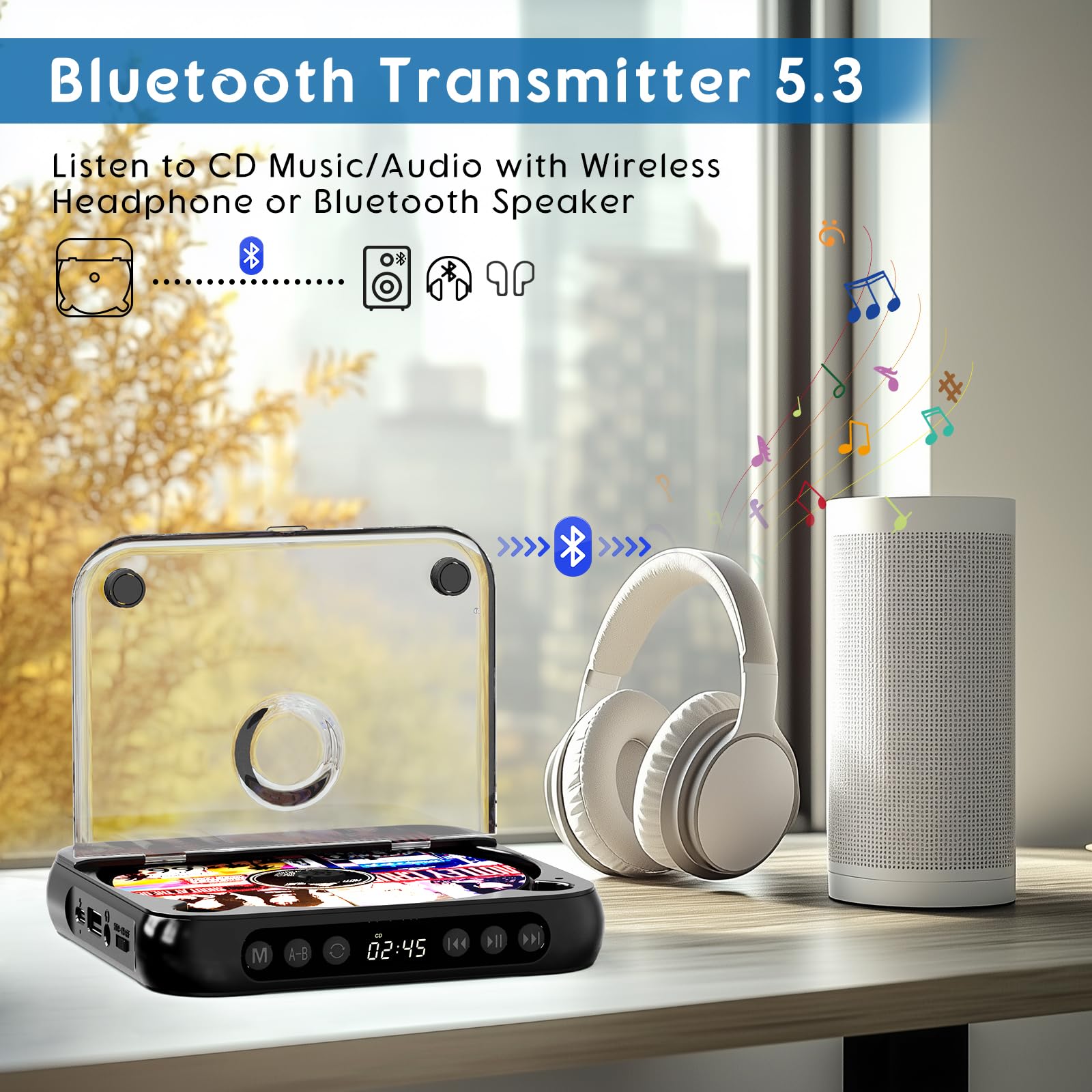 Portable CD Player with Bluetooth 5.3, Rechargeable CD Player for Home/Car, Built-in HiFi Speakers, Headphones, LCD Screen, Supports CD/AUX/USB and Repeat Modes, Black