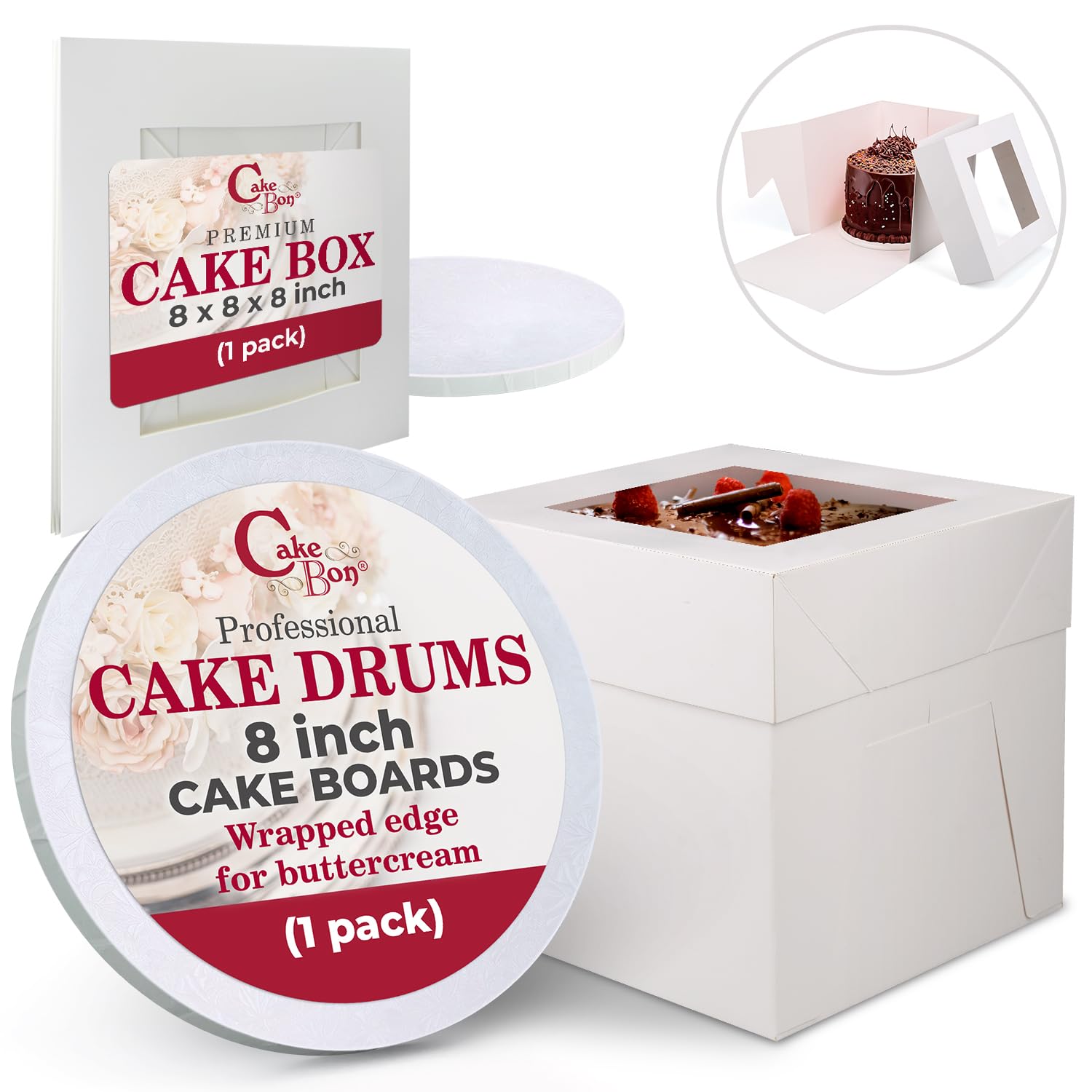 Cakebon Cake Boxes with Boards - 8 Inch Round Cake
