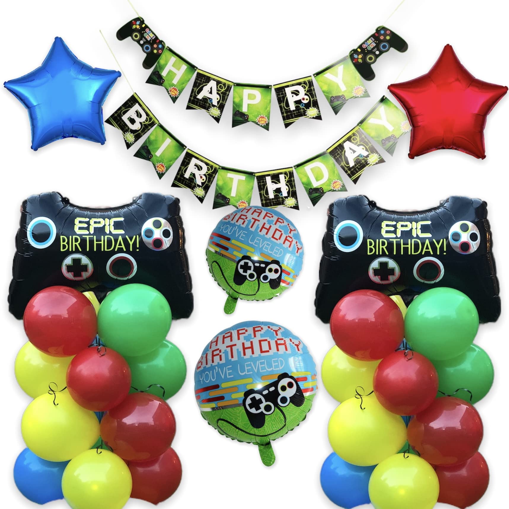 Gamer Party Supplies | HAPPY BIRTHDAY Gaming Bunting with Latex and Foil Party Balloons Balloons | 43 Piece Set | Perfect Birthday Party Party Decorations for Boys