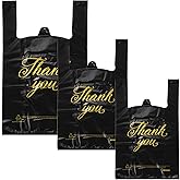 Zonon 200 Pcs Thank You Plastic Bags 3 Sizes Thick 2 Mil Shopping T Shirt Bags with Handle for Small Business Retail Vendor(Black Bag with Gold Letters)