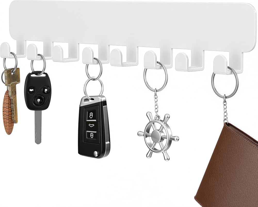 pickpiff White Wall Key Holder 8 Hooks Adhesive No Drill Rust-Resistant