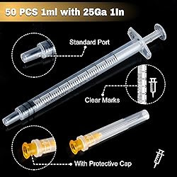 50 Pack 1ml Syringes with Needle-25Ga 1