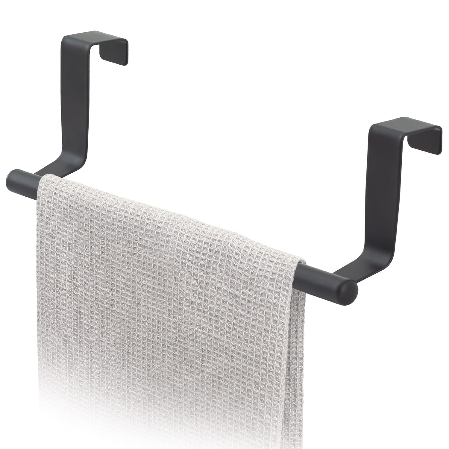 Tatkraft Horizon Black Over the Door Towel Rail, Towel Holder for Cupboard Drawer Cabinet, Kitchen and Bathroom, Anti Slip Scratch Protecting Stripe